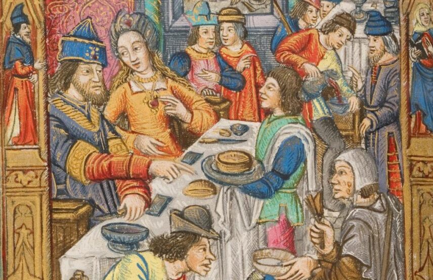 Lazare chez le mauvais riche (détail), gravure surpeinte par le MaÎtre de Hugues de Loges, Les Presentes heures à l'usaige de Tournay au long sans requerir… Paris, pour Simon Vostre, 1512, Chantilly, imprimé XII-F-4.