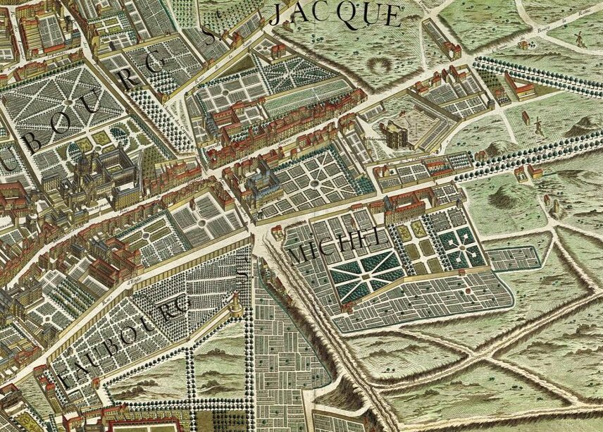 Planche 8 : au centre droit, l’Observatoire de Paris où est figuré en petit, dans le jardin, une lunette astronomique. On remarque de nombreux jardins, qui seront remplacés ensuite par le faubourg Saint-Michel. Ils permettaient de nourrir les Parisiens sans avoir besoin de faire venir les denrées alimentaires d’autres régions.