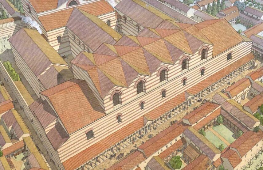 Proposition de restitution des thermes de la Cour d’Or par Jean-Claude Golvin. Réalisée en 2010, elle correspond à un état antérieur de la recherche.