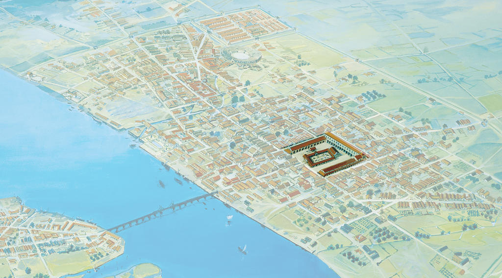 Illustration du MOLA montrant la cité de Londres à l'époque romaine. Le forum est ici mis en évidence.