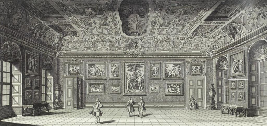 Vue gravée du palais du Belvédère à Vienne en 1734, où est exposée David contemplant la tête de Goliath, de Guido Reni.