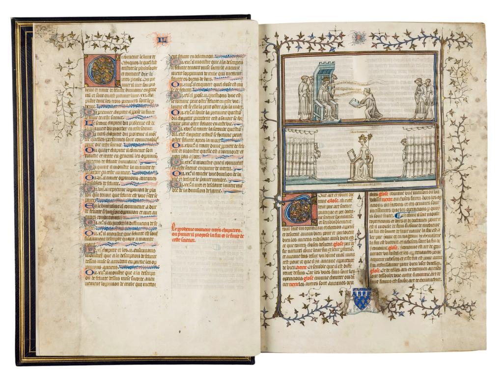 Aristote, Le Livre des Éthiques, traduction française et glose de Nicole Oresme, Paris, Thévenin (ou Étienne) Langevin. Peinture de Perrin Remiet, 1397-1398, parchemin, 207 fol., 340 x 240 mm, ms 277 (fol. 2v-3). Chantilly, bibliothèque du musée Condé. 