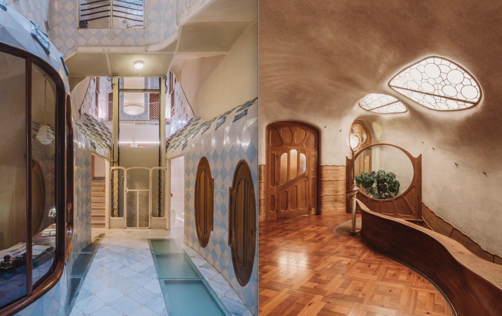 À gauche, vue du rez-de-chaussée vers le puits de lumière ; à droite, l'escalier menant à l'étage noble. 