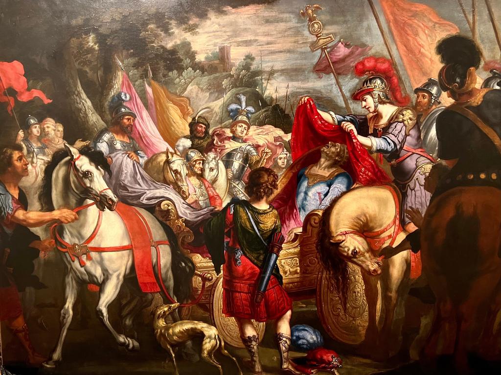 Cercle d’Erasmus Quellinus II (1607-1678), Alexandre couvrant le corps de Darius III. Huile sur toile, 124 x 162 cm. 