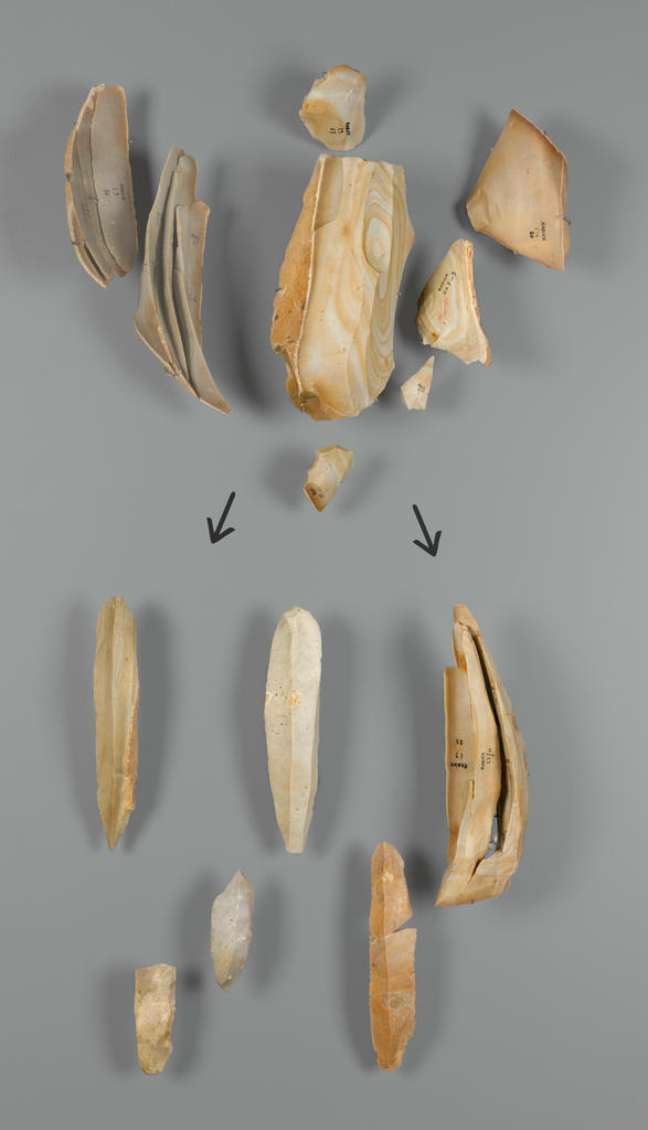 Chaîne de production de grands supports laminaires du Gravettien récent final. Les Eyzies-de-Tayac, musée national de Préhistoire. 