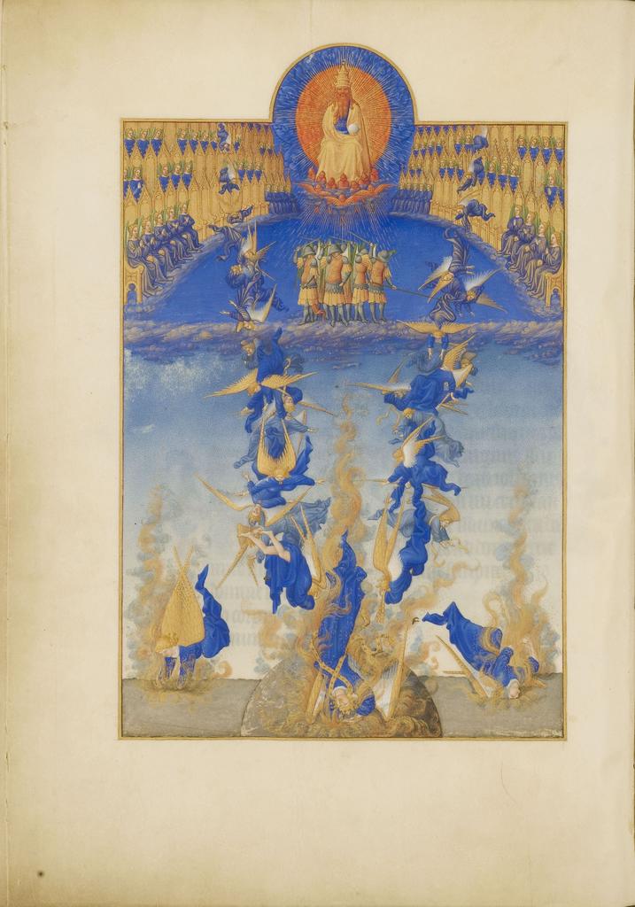 La Chute des anges rebelles. Grande peinture à pleine page des frères de Limbourg sur un feuillet isolé, entre 1411 et 1416, extrait des Très Riches Heures du duc de Berry (fol. 64v). Chantilly, bibliothèque du musée Condé. 