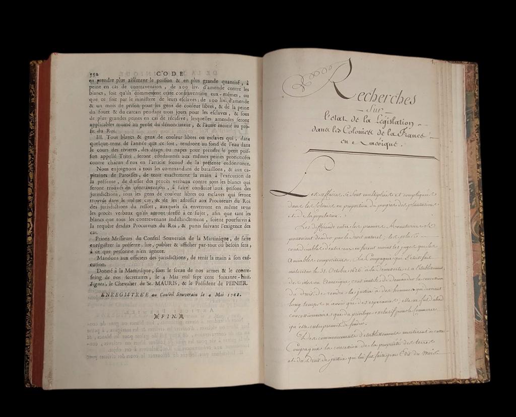 Recherches sur l’état de la législation dans les Colonies de la France en Amérique, partie manuscrite ajoutée au Code. Archives territoriales de la Martinique, RES. F°23.