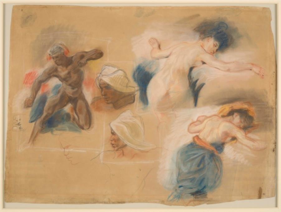 Eugène Delacroix, Études pour La Mort de Sardanapale : l’esclave torse nu et le palefrenier éthiopien. Pastel, 43,7 x 60,1 cm. Paris, musée du Louvre, département des Arts graphiques.