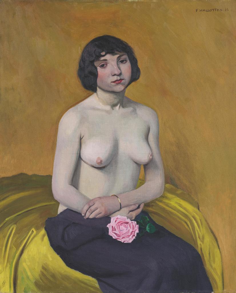Félix Vallotton (1865-1925), Femme à la rose, 1914. Huile sur toile, 100 x 81 cm. Vente Bâle, Artcurial, Beurret Bailly Widmer, 25 juin 2025. Estimé : 120 000/160 000 CHF. Adjugé : 152 430 CHF (163 910 € frais inclus).