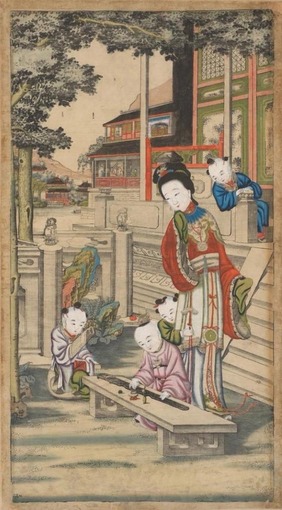 Femmes enseignant aux enfants les quatre accomplissements (série de quatre estampes), dynastie Qing (1644-1911), période Qianlong (1736-95). Gravure sur bois imprimée en trois nuances d'encre et colorée à la main, environ 110,2 x 60,3 cm. New York, The Metropolitan Museum of Art, Douglas Dillon Fund.