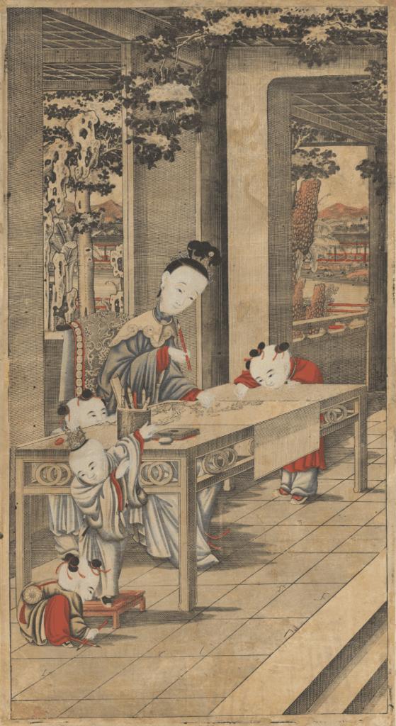 Femmes enseignant aux enfants les quatre accomplissements (série de quatre estampes), dynastie Qing (1644-1911), période Qianlong (1736-95). Gravure sur bois imprimée en trois nuances d'encre et colorée à la main, environ 110,2 x 60,3 cm. New York, The Metropolitan Museum of Art, Douglas Dillon Fund.