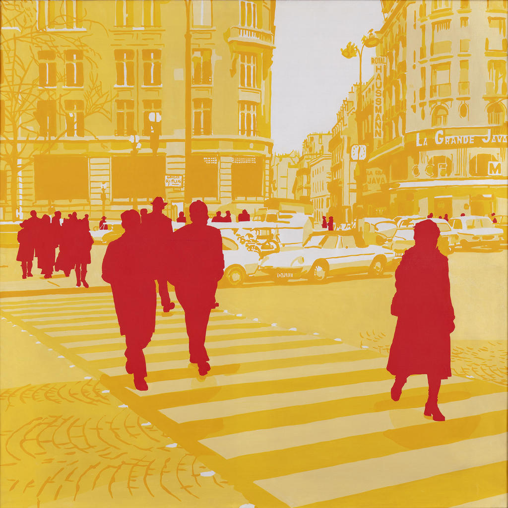 Gérard Fromanger (1939-2021), Midi et demi – Série Boulevard des Italiens, 1971. Huile sur toile, 100 x 100 cm. Eur’Art – fonds de dotation pour la création européenne.