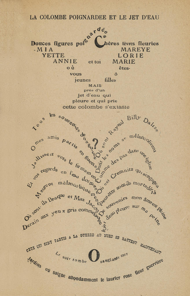 Guillaume Apollinaire (1880-1918), « La colombe poignardée et le jet d’eau », Calligrammes. Poèmes de la paix et de la guerre, 1918, Paris, Mercure de France, Strasbourg, bibliothèque des Musées.