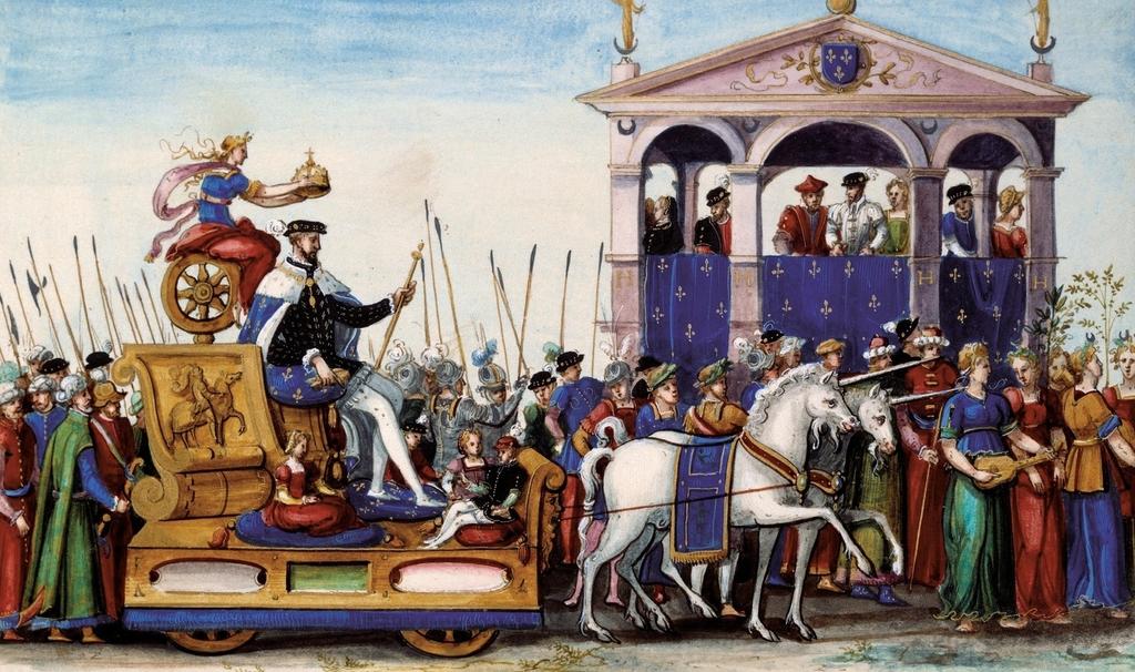 Henri II sur son char de triomphe couronné par la Fortune, miniature tirée de la Relation de l’entrée d’Henri II, roi de France, à Rouen, le 1ᵉʳ octobre 1550. 27 feuillets décorés sur vélin, 10 miniatures, 18,8 x 26 cm. Rouen, bibliothèque municipale.