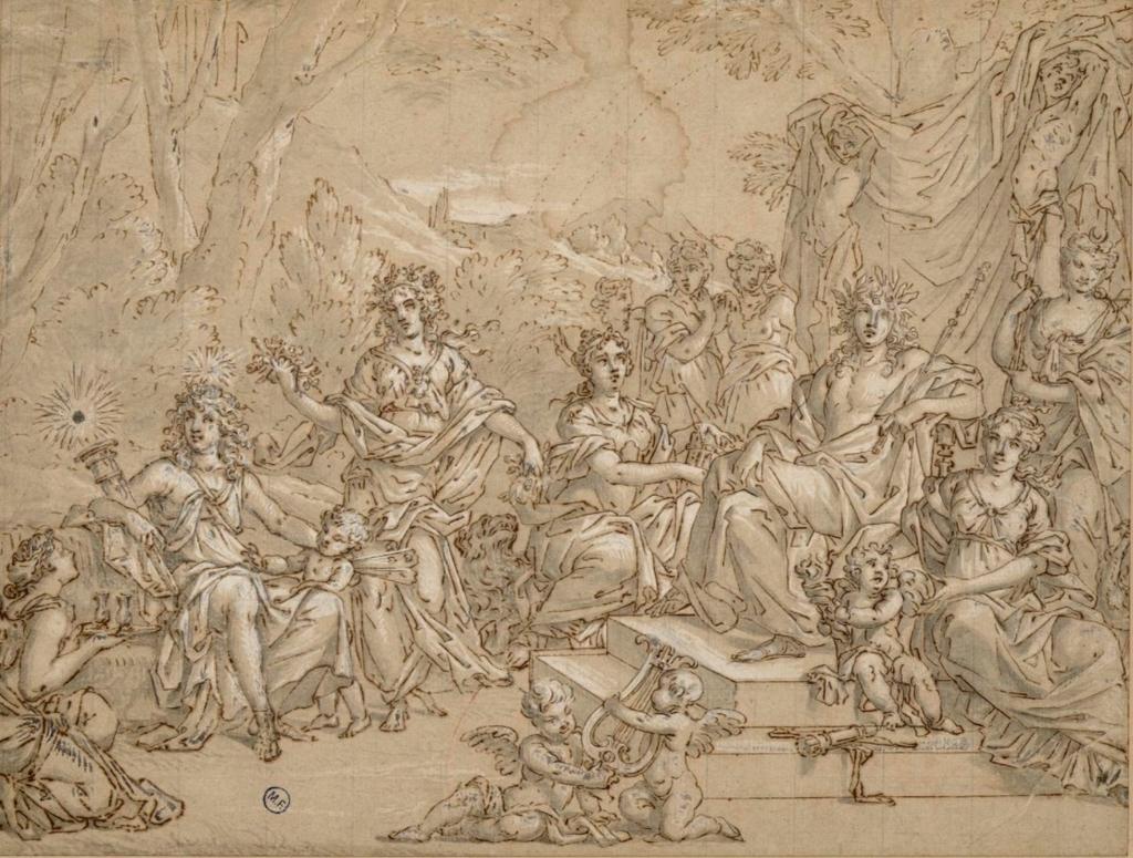 Jean Nocret (1615-1672), La Famille d’Apollon. Plume et encre brune, lavis gris, rehauts de gouache blanche, mise au carreau à la pierre noire sur papier vergé, 28,5 x 37,8 cm. Montpellier, musée Fabre.