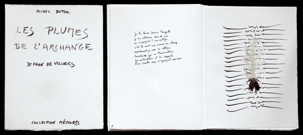 Jephan de Villiers et Michel Butor, Les Plumes de l’archange, 2011, Éditions Collection de Mémoire, 20 pages sous coffret. 
