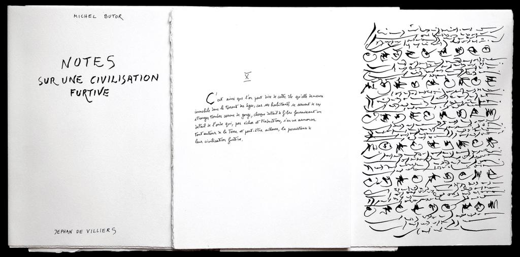 Jephan de Villiers et Michel Butor, Notes sur une civilisation furtive, 2003-2004, Éditions Collection de Mémoire, 28 pages. 