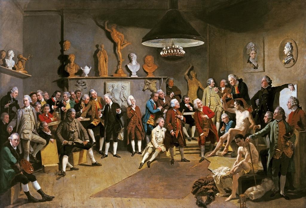 Johann Joseph Zoffany, Les Académiciens à la Royal Academy, 1771-1772. Huile sur toile, 101,1 x 147,5 cm. Royal Collection Trust.