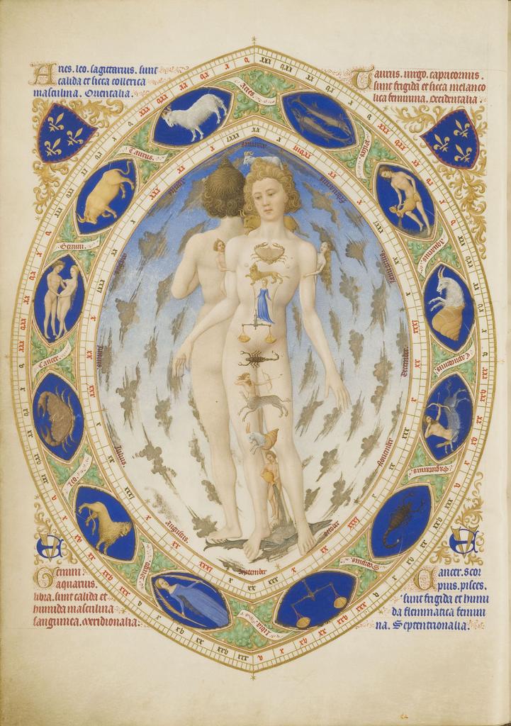 L’Homme anatomique ou zodiacal. Peinture des frères de Limbourg entre 1411 et 1416, extrait des Très Riches Heures du duc de Berry (fol. 14v). Chantilly, bibliothèque du musée Condé. 