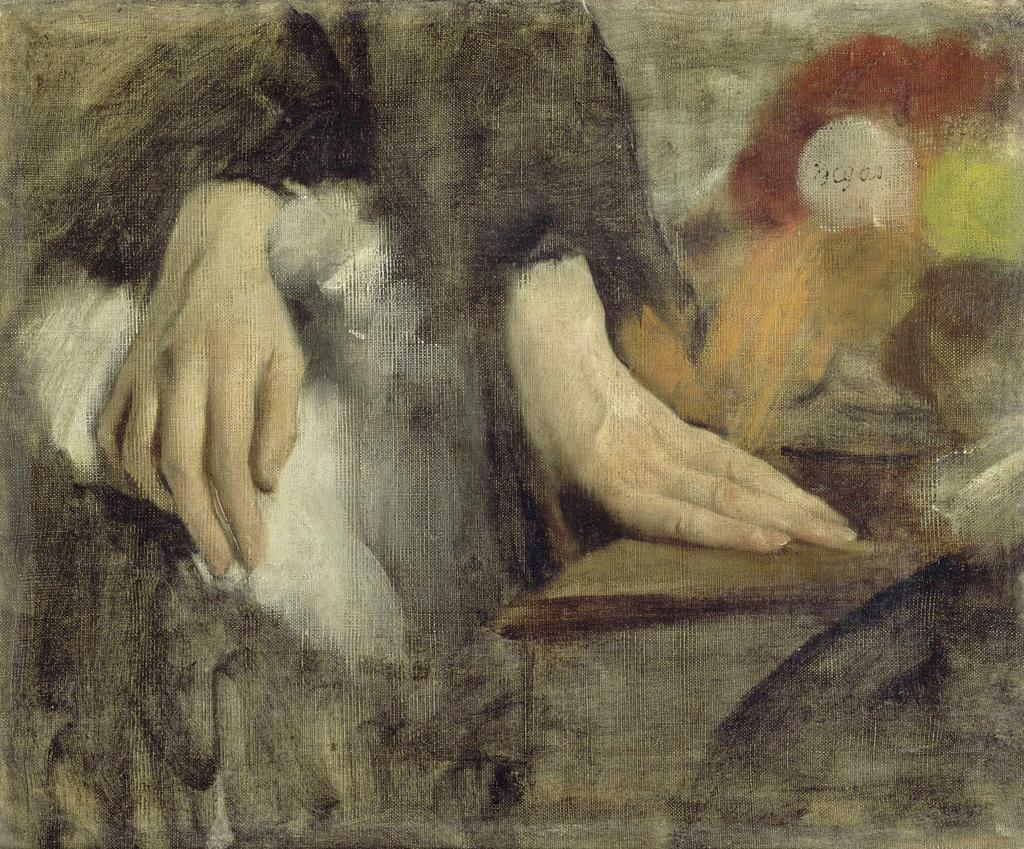 Edgar Degas (1834-1917), Étude de mains, 1860. Huile sur toile,38,2 x 46,4 cm. Paris, musée d’Orsay, don de la Société des Amis du Luxembourg, 1919.Cette étude de mains d’Edgar Degas, ­ qu’Olivier Senn contri-bua à offrir au musée du Luxembourg, est ­ préparatoire au Portrait de la famille Bellelli.