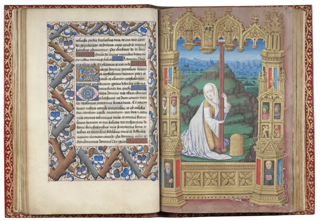 Marie-Madeleine au pied de la Croix, par le Maître du Discours d'Entendement et Raison, Heures de Marguerite de Coëtivy, France de l’ouest, vers 1500, Chantilly, manuscrit 74, fol. 34v-35, ancienne collection des princes de Bourbon-Condé. 