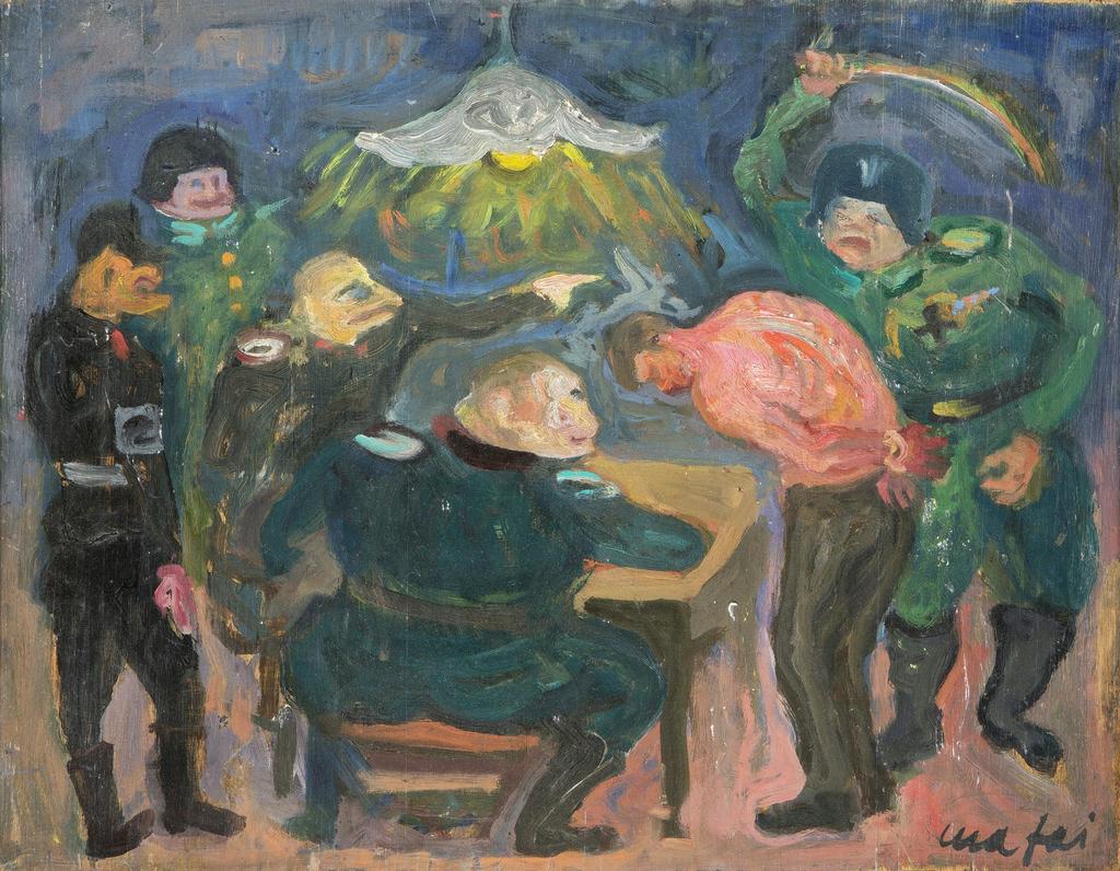 Mario Mafai (1902-1965), Fantaisie n° 7. Interrogatoire, 1941-1943. Huile sur toile, 36,5 x 47 cm. 