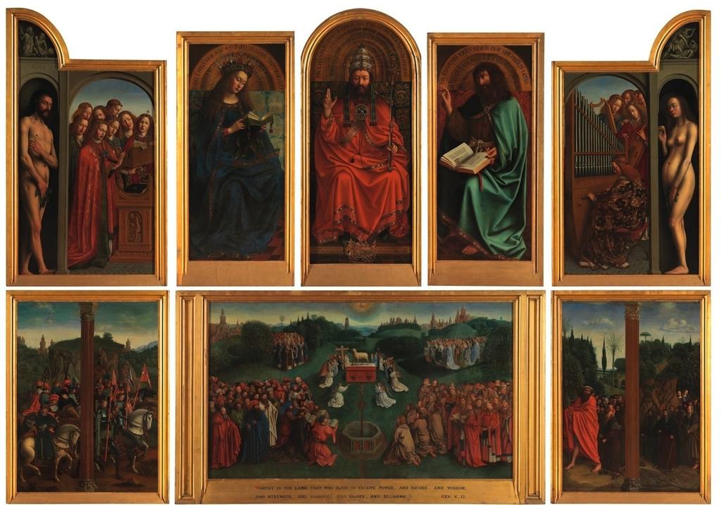 Michiel Coxcie, L’Adoration de l'Agneau mystique, copie d'après Hubert et Jan van Eyck, 1558. Huile sur panneaux. Berlin, Gemäldegalerie.	