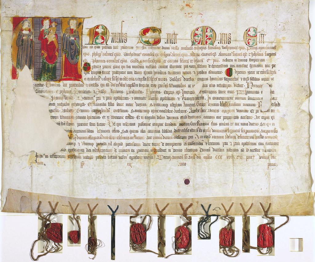 Avignon, Lettre d’indulgence, 1335. Parchemin et cire. Mulhouse, Archives municipales.
