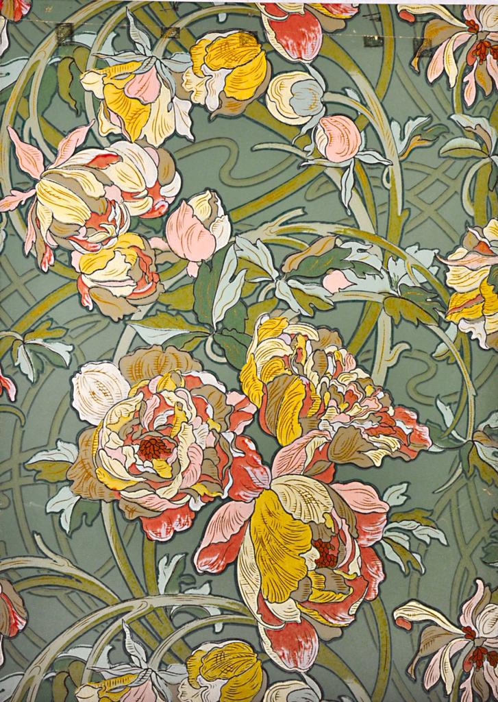 Paris, manufacture Gillou & Fils, Alfons Mucha (1860-1939) (dessinateur), papier peint, vers 1898. Papier, impression au rouleau relief, 12 couleurs, gaufrage. Rixheim, musée du Papier peint.