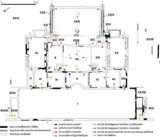 Plan général des thermes de la Cour d’Or avec restitution du cheminement des baigneurs et de celui du personnel de service au niveau inférieur.