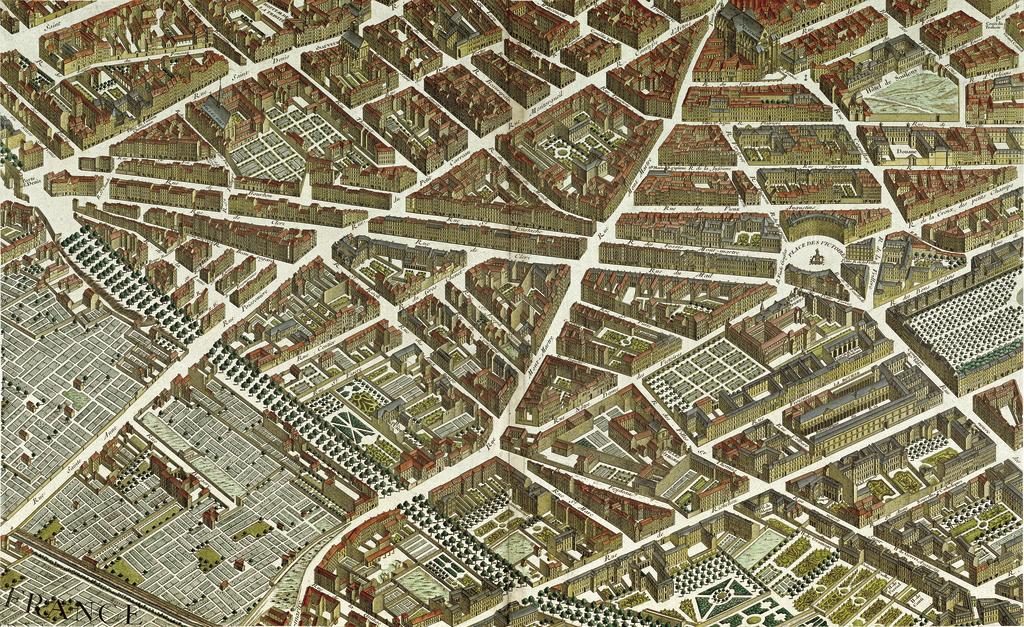 Planche 14 : à l’extrême gauche, la porte Saint-Denis, tout à fait à droite, la place des Victoires, restée inchangée par rapport à cette image de 1734. En dessous de la place des Victoires, la grande bibliothèque du Roi (actuelle Bibliothèque nationale de France).