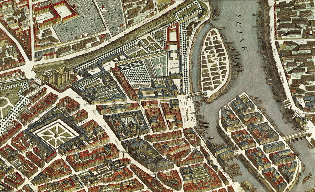 Planche 6 : on distingue à gauche la prison de la Bastille (encore debout en 1734), la place Royale (aujourd’hui place des Vosges). Dans la partie droite, l'île Louviers, qui n'existe plus aujourd'hui car le bras de Seine a été comblé et l’île rattachée à la berge au XIXe siècle. On voit que le pont Marie est encore bordé de maisons et boutiques. 