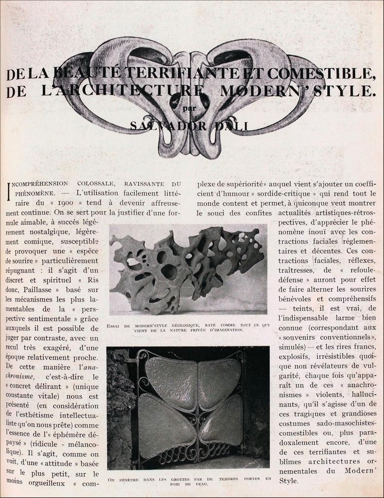 Première page de l’article de Salvador Dalí « De la beauté terrifiante et comestible, de l’architecture modern’style » paru dans la revue Minotaure en 1933. Paris, Bibliothèque nationale de France.
