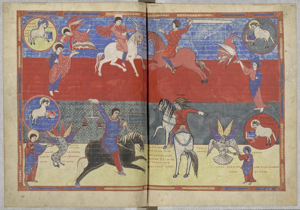 Les Quatre Cavaliers de l’Apocalypse, Beatus de Saint‑Sever, Gascogne (Saint-Sever), 3ᵉ quart du XIᵉ siècle (avant 1072), ff. 108v-109r. Paris, Bibliothèque nationale de France. 