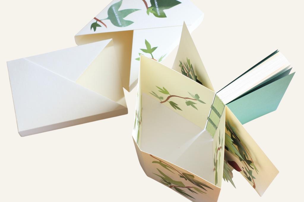 Reliure de Fanette Chavent (France) sur Le Jardin secret de Frances H. Burnett, ill. et collages de Fanette Chavent. Reliure pop-up, croisement de techniques de conservation et de techniques de livres animés, étui souple inspiré d’un pliage origami.