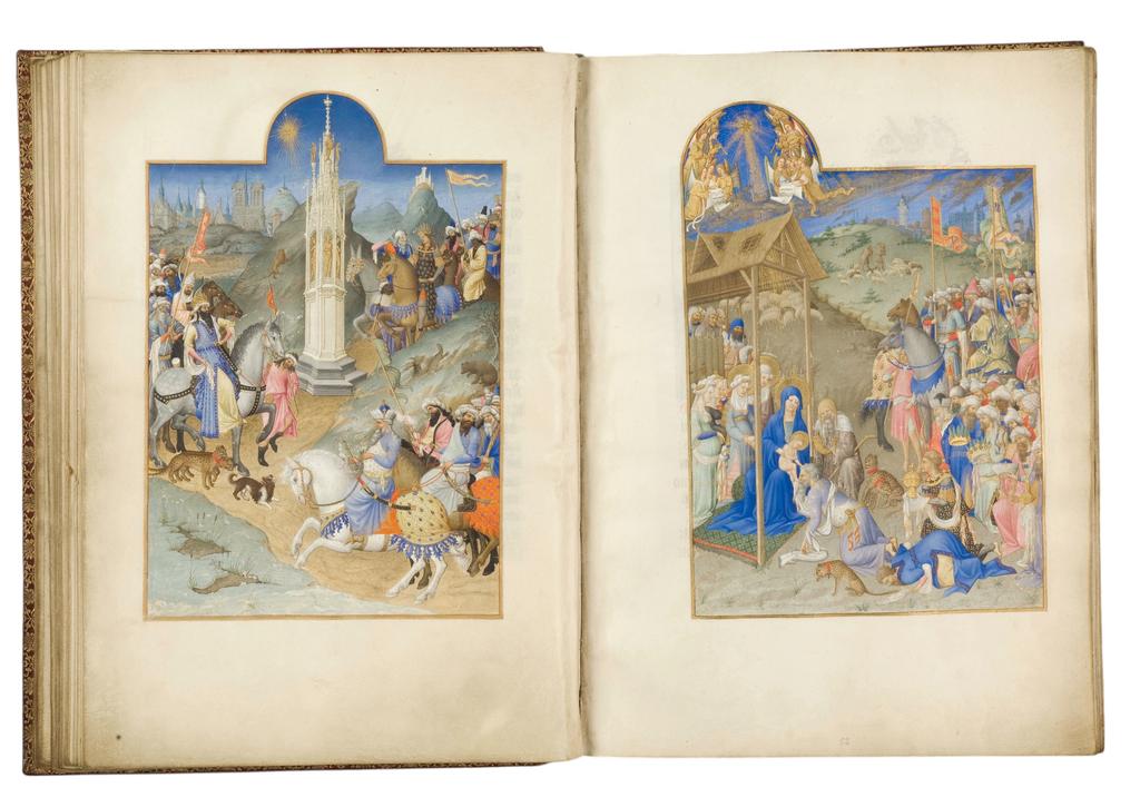 La Rencontre et L’Adoration des Mages. Grandes peintures des frères de Limbourg, entre 1411 et 1416, extrait des Très Riches Heures du duc de Berry (fol. 51v-52). Chantilly, bibliothèque du musée Condé. 