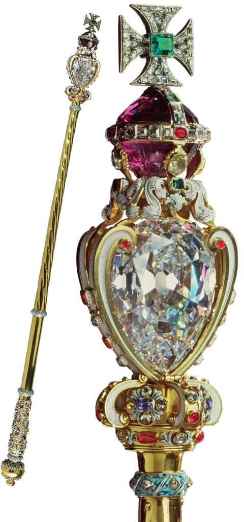 Robert Vyner (1631‑1688), sceptre du souverain, 1661 (ajouts postérieurs). Or, diamants, émeraudes, rubis, saphirs, spinelles, améthyste et émail, 92,2 cm. Jewel House