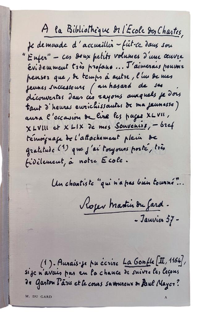 Roger Martin du Gard, envoi autographe pour l’École des chartes, sur un exemplaire de ses œuvres publiées dans la Bibliothèque de la Pléiade (1955). Bibliothèque de l’École des chartes, 8R219 (1).