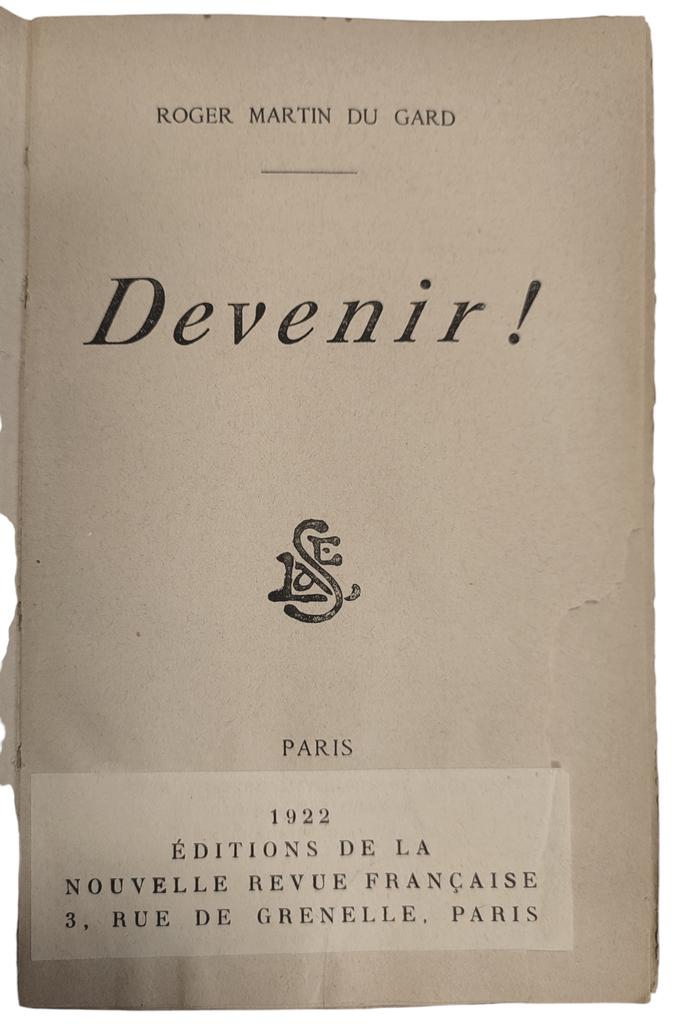 Roger Martin du Gard, Devenir ! Page de titre avec un papillon pour changer la zone d’adresse, présentant toujours le monogramme de la Société d’éditions littéraires et artistiques de Paul Ollendorff.