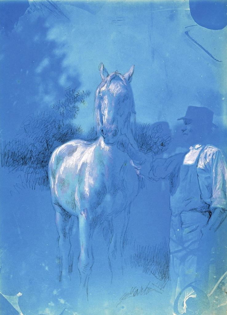 Rosa Bonheur, Cheval de face avec son palefrenier, 1892. Crayon graphite et gouache blanche sur cyanotype, 24,5 x 16 cm. By-Thomery, château de Rosa Bonheur.
