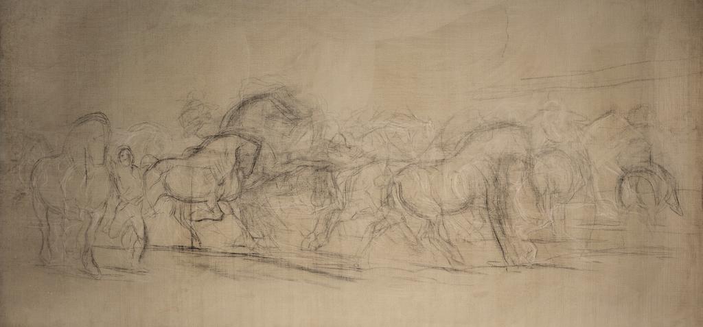 Rosa Bonheur, œuvre initiale du Marché aux chevaux . Fusain, pierre noire et craie blanche sur toile, 243 x 453 cm. By-Thomery, château de Rosa Bonheur.