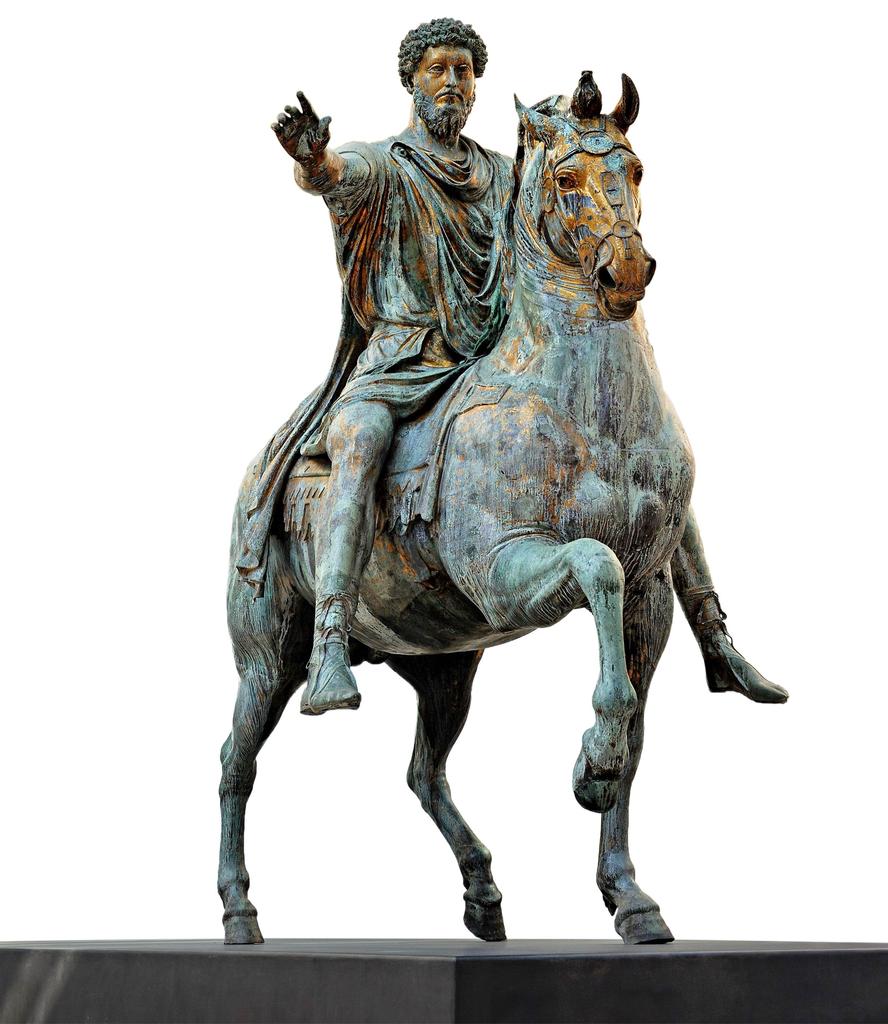 La statue équestre de Marc Aurèle. C’est la seule en bronze de la Rome antique parvenue jusqu’à nous. Rome, Musées capitolins. Bronze, 4,24 m de haut. 