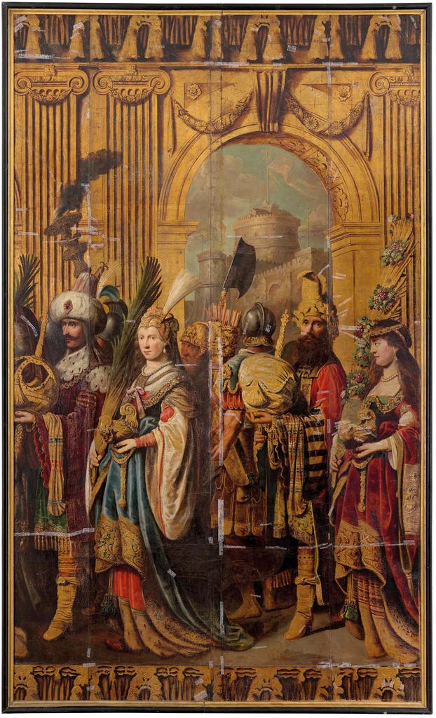 Tenture du Triomphe de David (détail), Pays-Bas, vers 1650. Cuir peint et estampé tendu sur toile, 340 x 1690 cm. Louvre Abu Dhabi. 