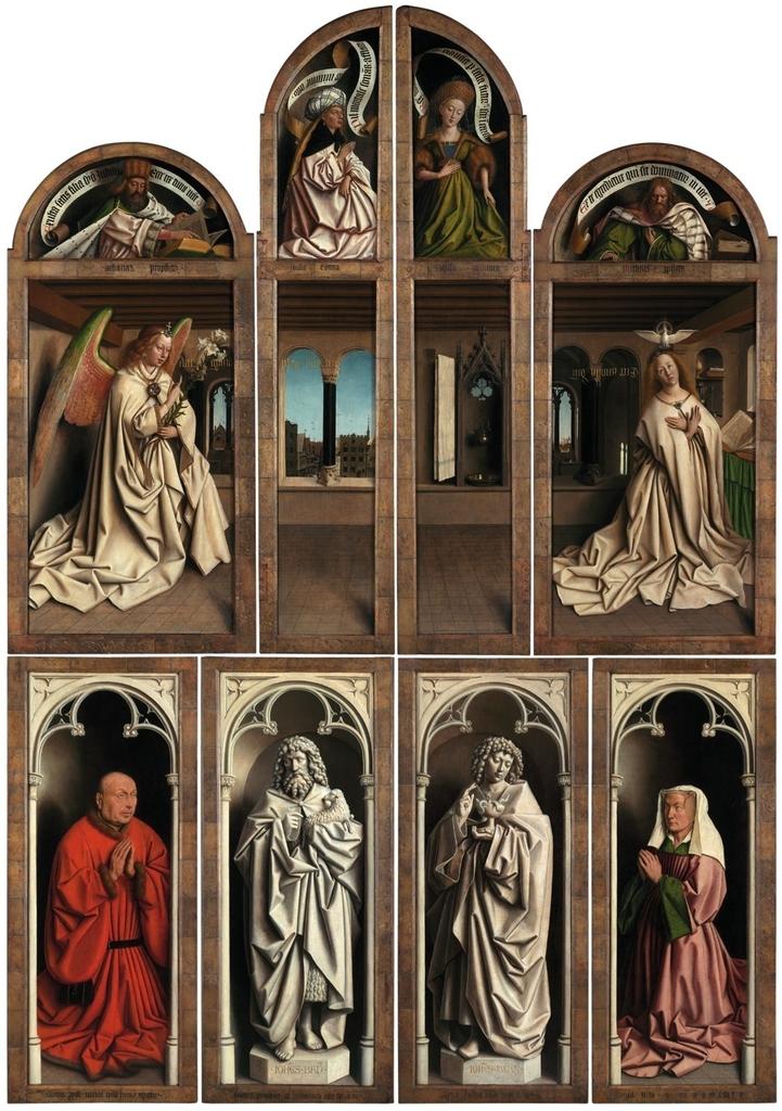 Hubert et Jan van Eyck, L’Adoration de l’Agneau mystique (retable en position fermée), 1432. Huile sur panneaux. Gand, cathédrale Saint-Bavon.