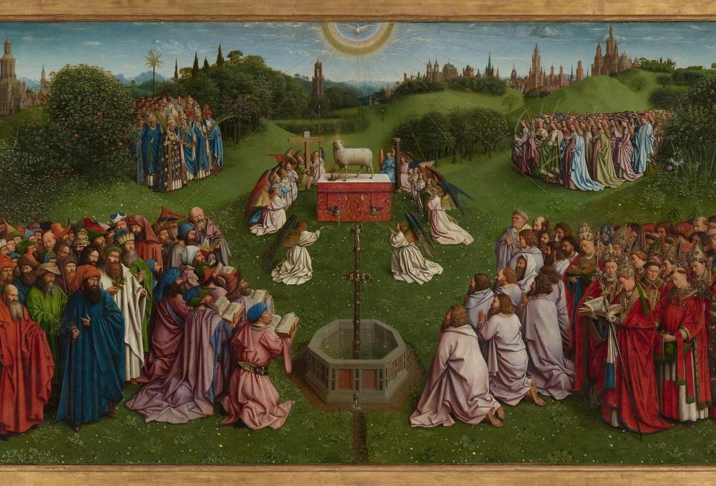 Hubert et Jan van Eyck, L’Adoration de l’Agneau mystique (détail), partie centrale du registre inférieur du polyptyque ouvert (après restauration). Gand, cathédrale Saint-Bavon.