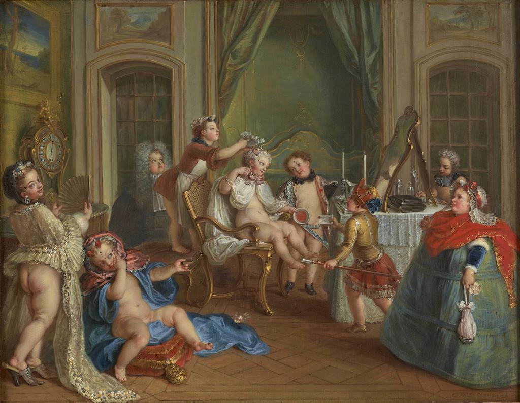 Charles-Antoine Coypel (1694-1752), Jeux d’enfants à la toilette, 1728. Huile sur toile, 65,7 x 83,2 cm. Versailles, musée national du château de Versailles et de Trianon.
