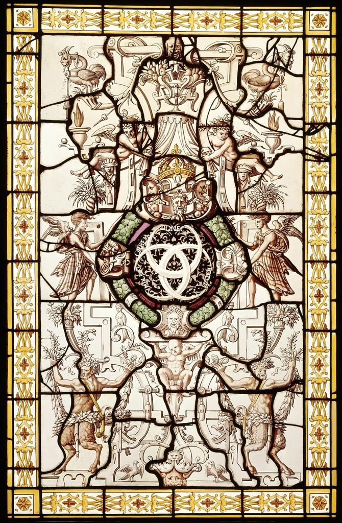 Vitrail à l’emblématique d’Henri II. Verre et plomb, 121,5 x 78,5 cm. Provient des appartements d’Henri II au château d’Écouen. Écouen, musée national de la Renaissance.
