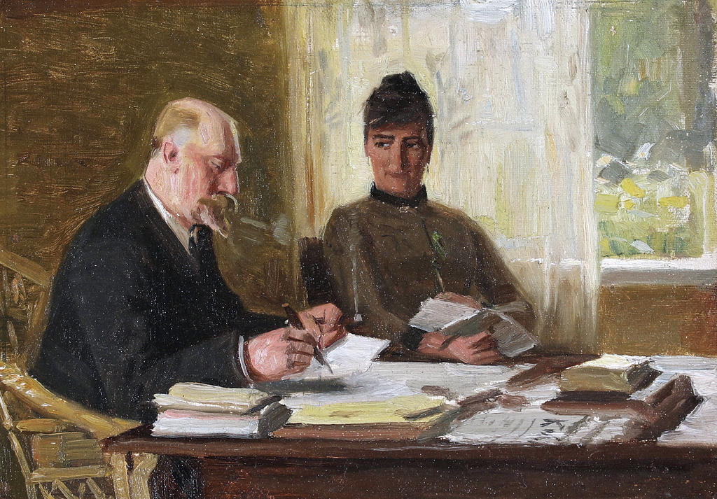 Georg Achen, Les auteurs Erik et Amalie Skram à leur table de travail. Étude, vers 1890. Huile sur toile marouflée sur carton, 20 x 29 cm. Collection particulière.