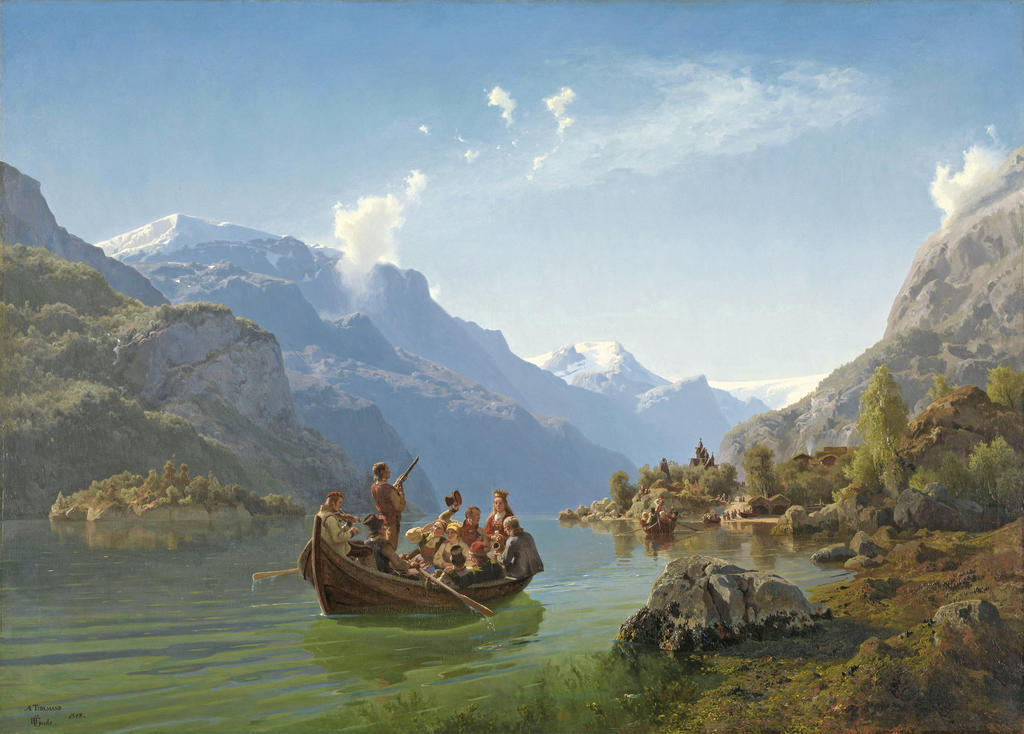 Hans Gude et Adolph Tidemand, Cortège nuptial sur le Hardangerfjord, 1848. Huile sur toile, 93,5 x 130,1 cm. Oslo, Nasjonalmuseet.