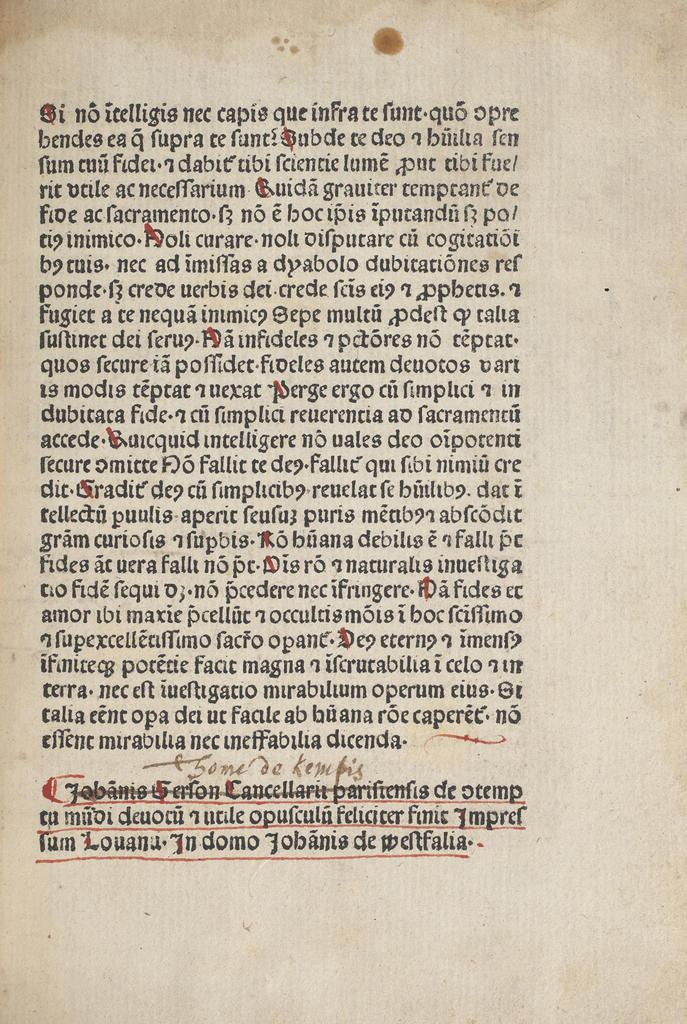 Johannes Gerson, Imitatio Christi, Louvain, Jean de Westphalie, 1484-1485/1487, colophon (INC A 1857)